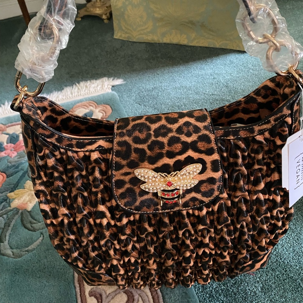 Leopard Print Vegan Leather Shoulder Bag with Crystal and Pearl Accent